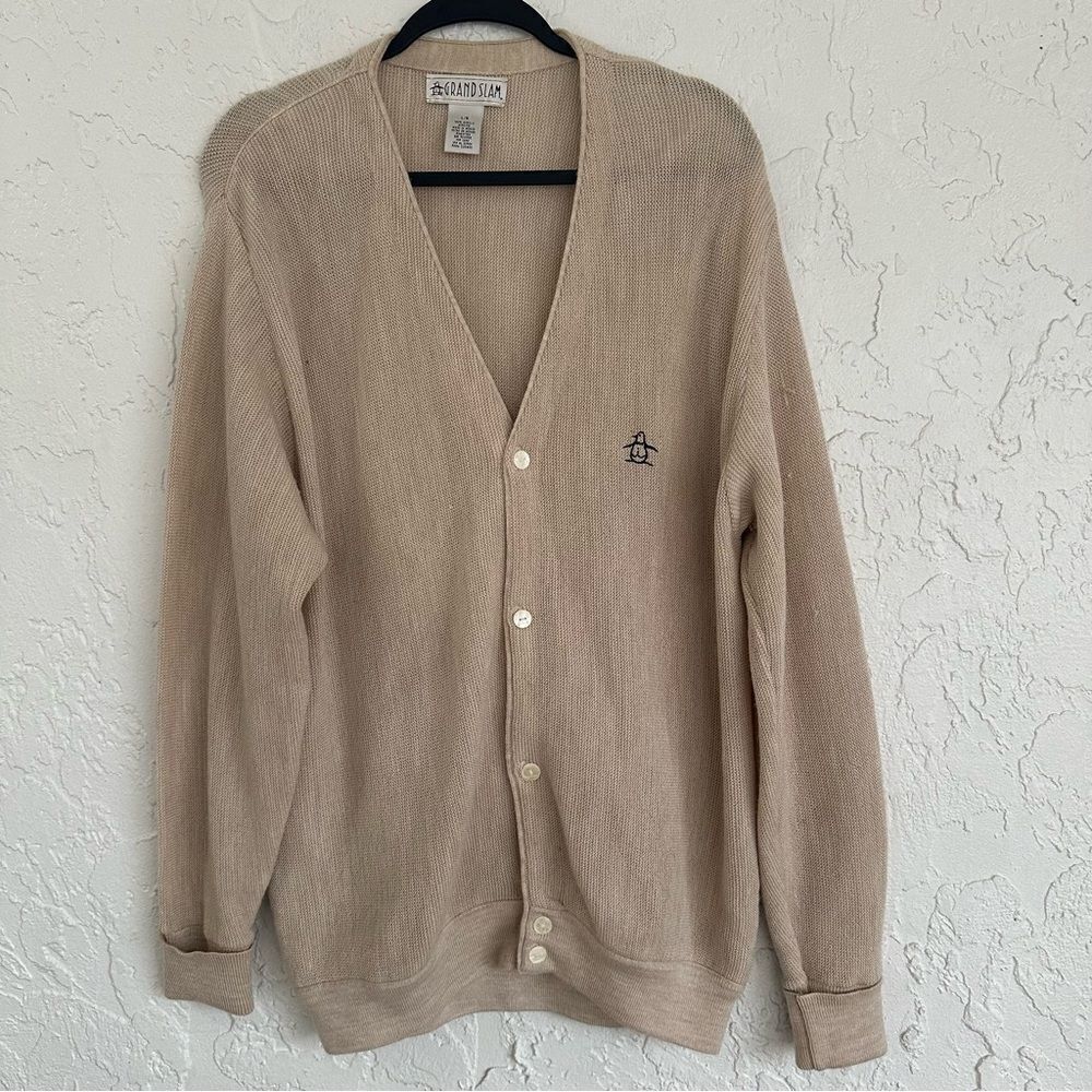GRAND SLAM Vintage Grandpa Sweater Mens Size‎ Large Cardigan Knit Beige Preppy